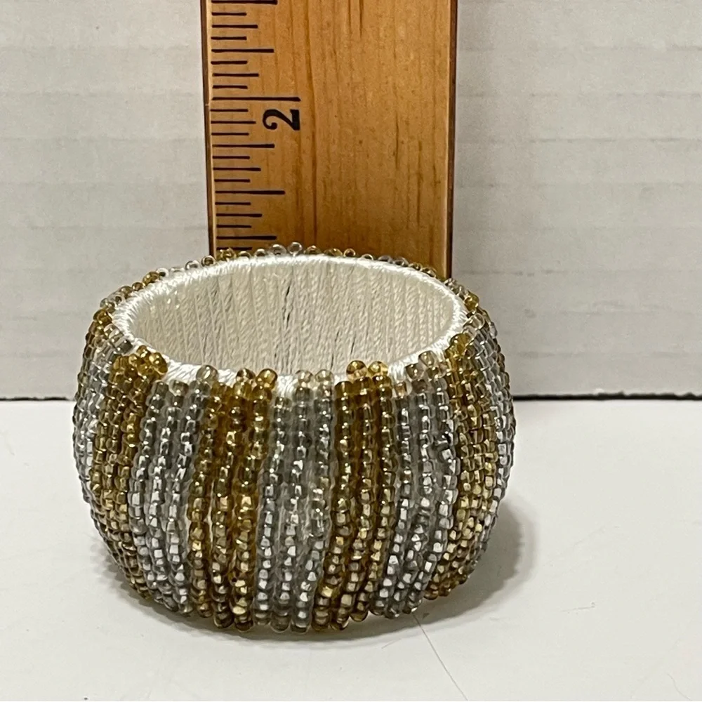Pier 1 Seed Beaded Napkin Rings Gold & Silver Festive Elegant Fancy Formal 4 Set